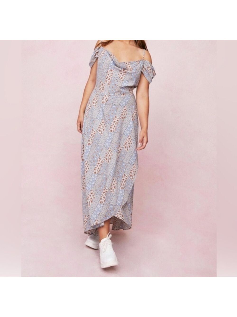Nastygal Floral Patchwork Off Shoulder Wrap Maxi Dress Plus 16